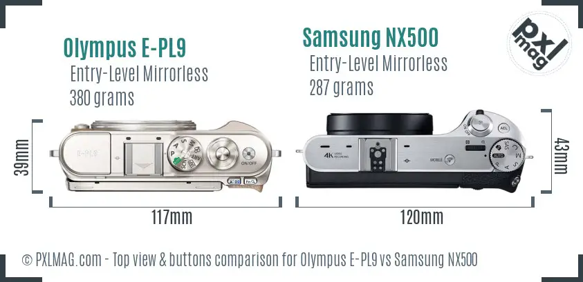Olympus E-PL9 vs Samsung NX500 top view buttons comparison