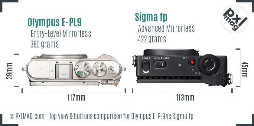 Olympus E-PL9 vs Sigma fp top view buttons comparison