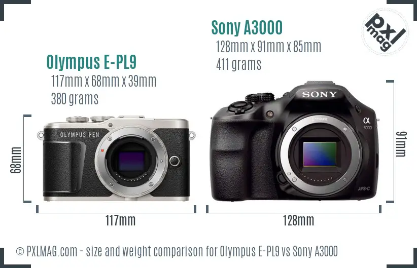 Olympus E-PL9 vs Sony A3000 size comparison