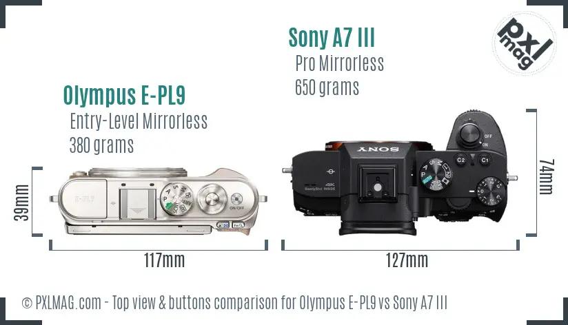 Olympus E-PL9 vs Sony A7 III top view buttons comparison Olympus E-PL9 vs Sony A7 III top view buttons comparison