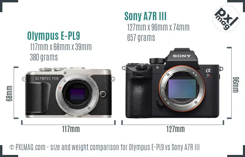 Olympus E-PL9 vs Sony A7R III size comparison