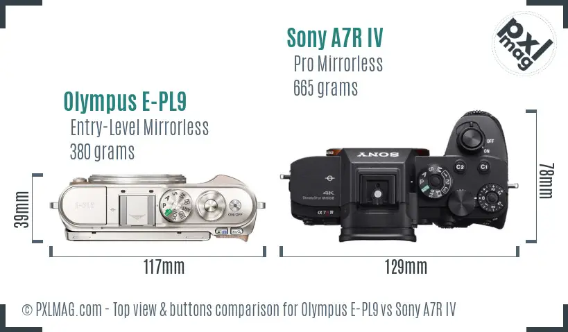 Olympus E-PL9 vs Sony A7R IV top view buttons comparison
