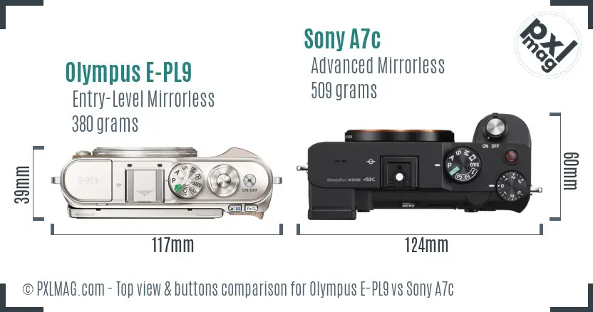 Olympus E-PL9 vs Sony A7c top view buttons comparison