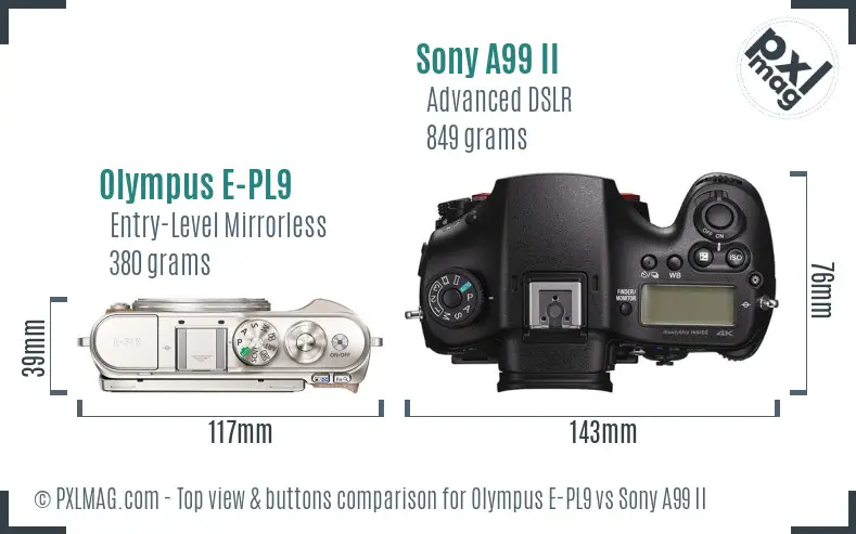 Olympus E-PL9 vs Sony A99 II top view buttons comparison