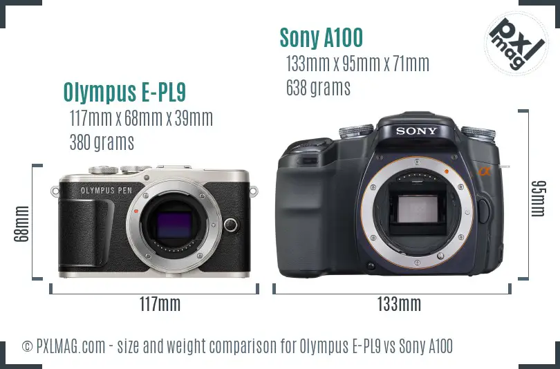 Olympus E-PL9 vs Sony A100 size comparison