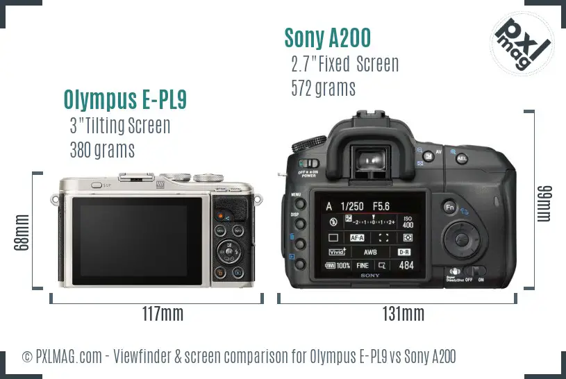 Olympus E-PL9 vs Sony A200 Screen and Viewfinder comparison