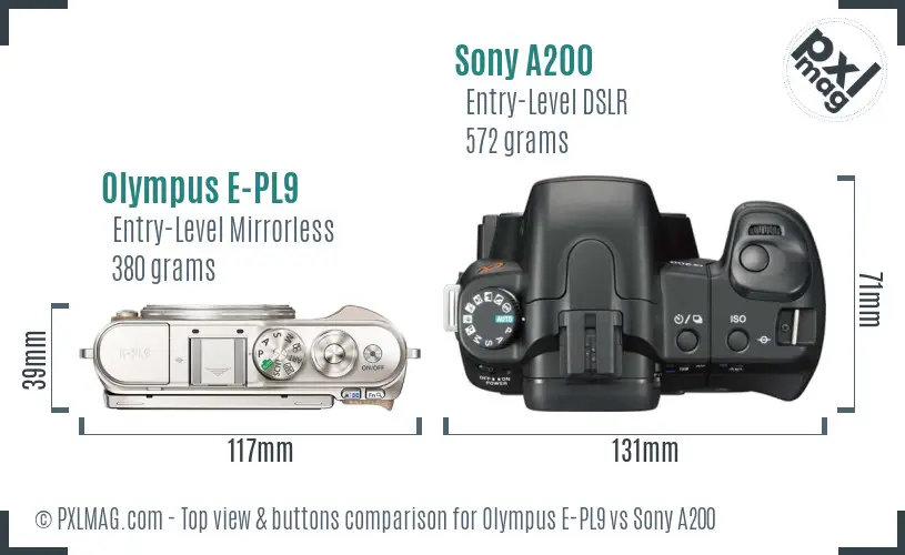 Olympus E-PL9 vs Sony A200 top view buttons comparison