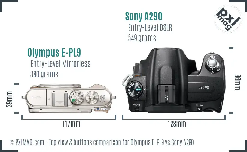 Olympus E-PL9 vs Sony A290 top view buttons comparison