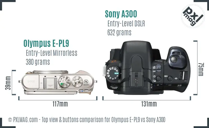 Olympus E-PL9 vs Sony A300 top view buttons comparison