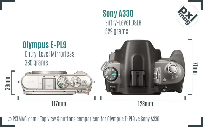 Olympus E-PL9 vs Sony A330 top view buttons comparison