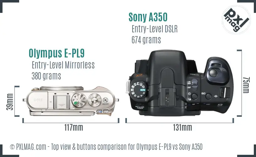 Olympus E-PL9 vs Sony A350 top view buttons comparison Olympus E-PL9 vs Sony A350 top view buttons comparison