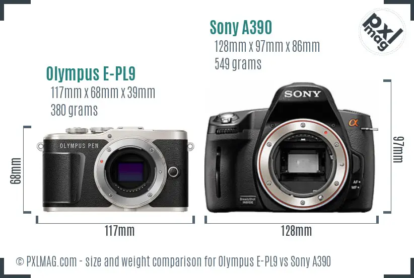 Olympus E-PL9 vs Sony A390 size comparison