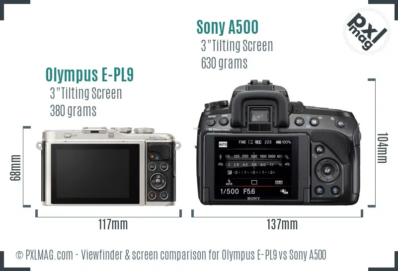 Olympus E-PL9 vs Sony A500 Screen and Viewfinder comparison