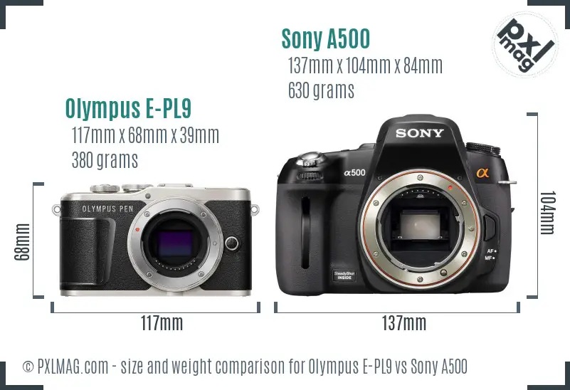 Olympus E-PL9 vs Sony A500 size comparison