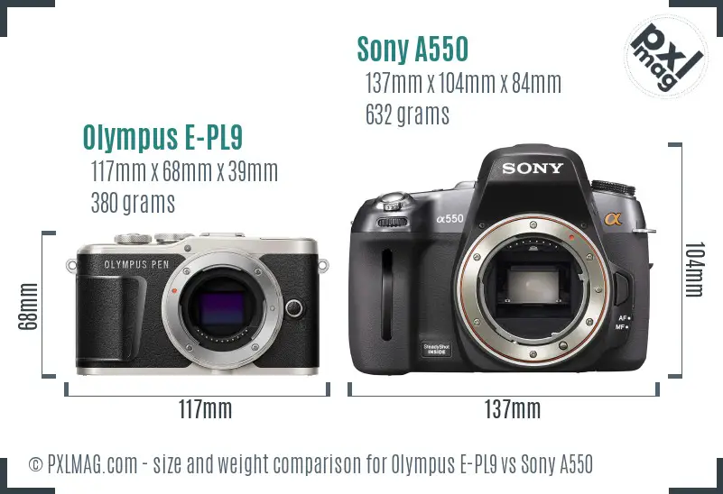 Olympus E-PL9 vs Sony A550 size comparison Olympus E-PL9 vs Sony A550 size comparison