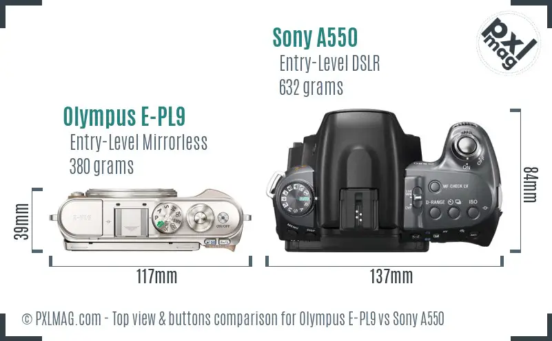 Olympus E-PL9 vs Sony A550 top view buttons comparison Olympus E-PL9 vs Sony A550 top view buttons comparison