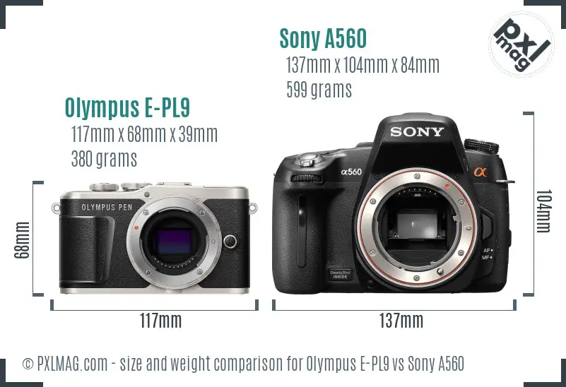 Olympus E-PL9 vs Sony A560 size comparison