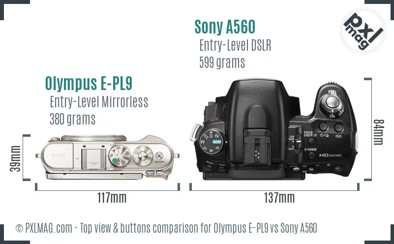 Olympus E-PL9 vs Sony A560 top view buttons comparison