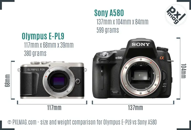 Olympus E-PL9 vs Sony A580 size comparison