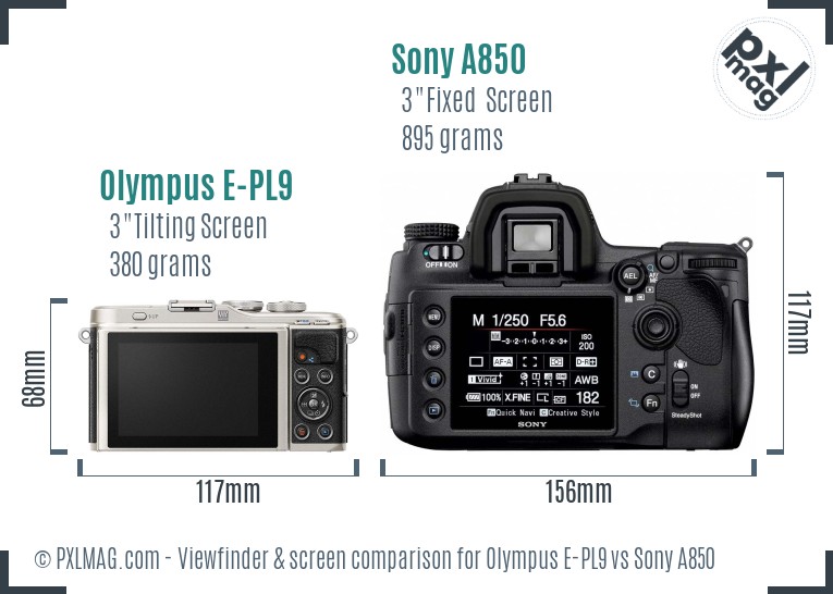 Olympus E-PL9 vs Sony A850 Screen and Viewfinder comparison