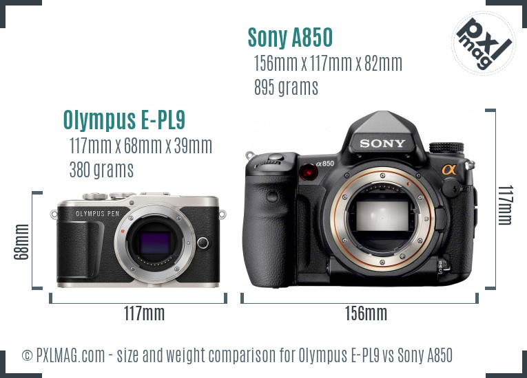 Olympus E-PL9 vs Sony A850 size comparison