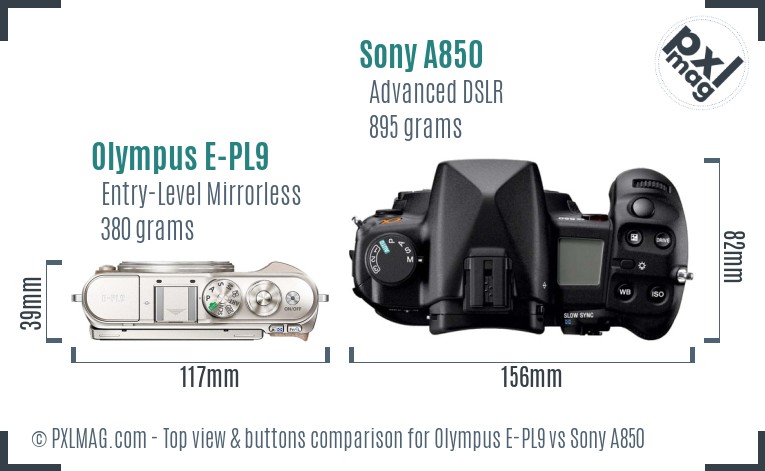 Olympus E-PL9 vs Sony A850 top view buttons comparison