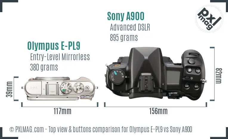 Olympus E-PL9 vs Sony A900 top view buttons comparison Olympus E-PL9 vs Sony A900 top view buttons comparison