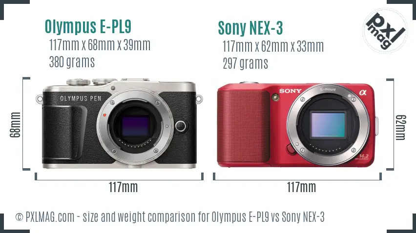 Olympus E-PL9 vs Sony NEX-3 size comparison