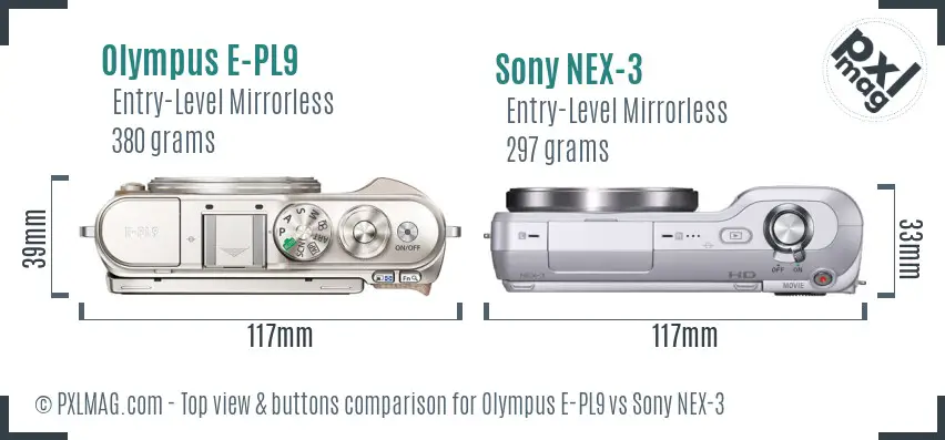 Olympus E-PL9 vs Sony NEX-3 top view buttons comparison