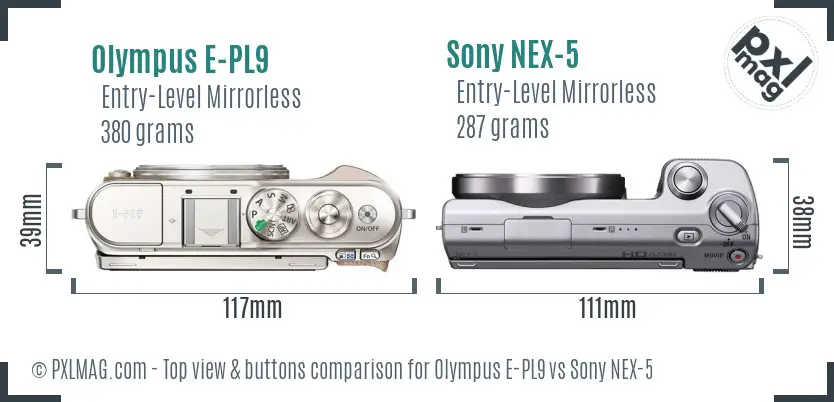 Olympus E-PL9 vs Sony NEX-5 top view buttons comparison