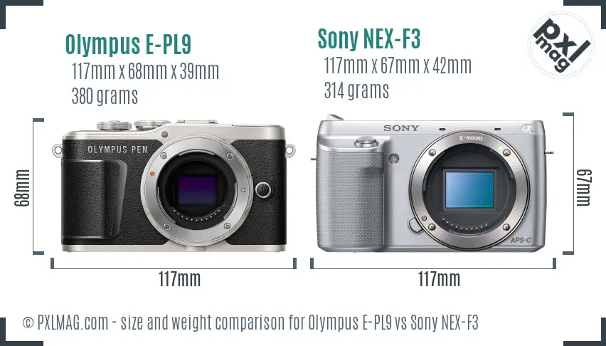 Olympus E-PL9 vs Sony NEX-F3 size comparison