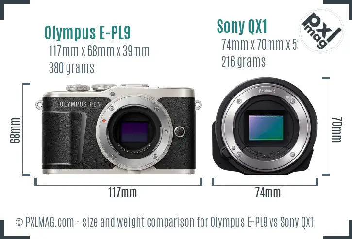 Olympus E-PL9 vs Sony QX1 size comparison