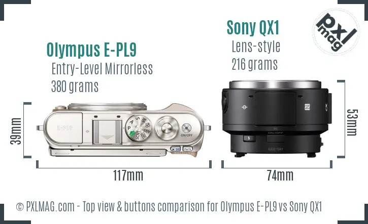 Olympus E-PL9 vs Sony QX1 top view buttons comparison