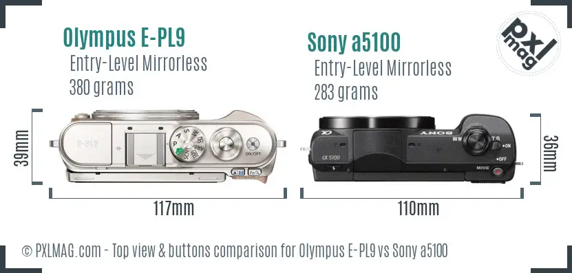 Olympus E-PL9 vs Sony a5100 top view buttons comparison