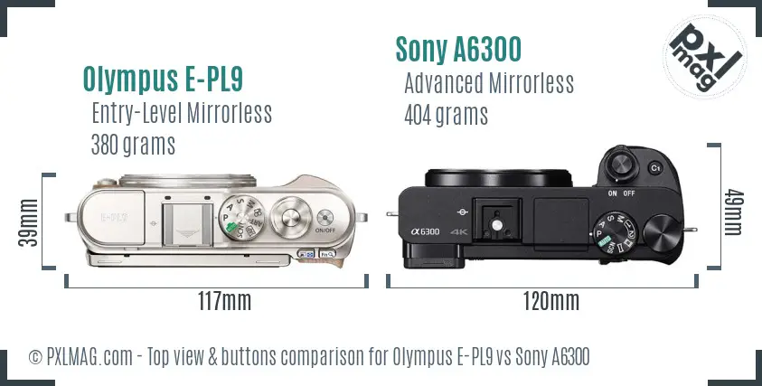 Olympus E-PL9 vs Sony A6300 top view buttons comparison