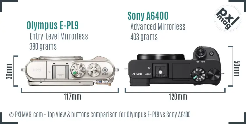 Olympus E-PL9 vs Sony A6400 top view buttons comparison