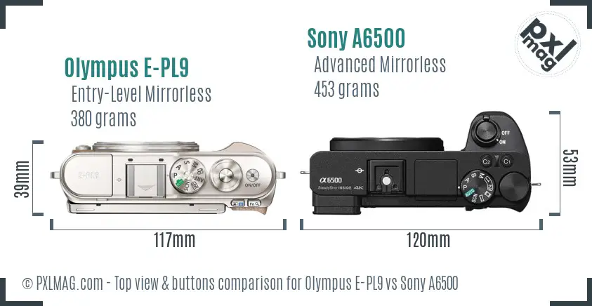 Olympus E-PL9 vs Sony A6500 top view buttons comparison