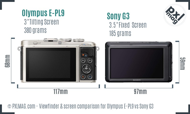 Olympus E-PL9 vs Sony G3 Screen and Viewfinder comparison