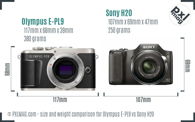 Olympus E-PL9 vs Sony H20 size comparison