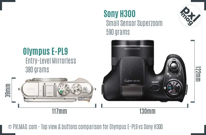 Olympus E-PL9 vs Sony H300 top view buttons comparison