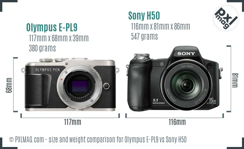 Olympus E-PL9 vs Sony H50 size comparison