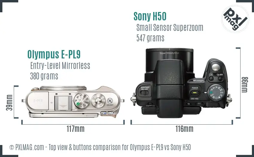 Olympus E-PL9 vs Sony H50 top view buttons comparison