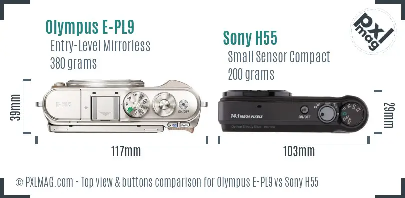 Olympus E-PL9 vs Sony H55 top view buttons comparison