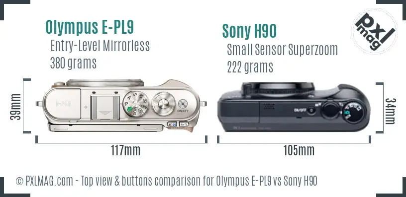 Olympus E-PL9 vs Sony H90 top view buttons comparison