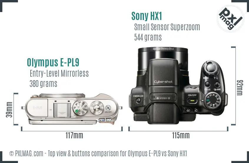 Olympus E-PL9 vs Sony HX1 top view buttons comparison
