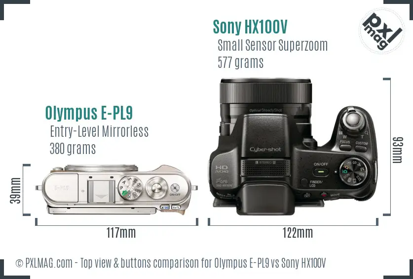 Olympus E-PL9 vs Sony HX100V top view buttons comparison