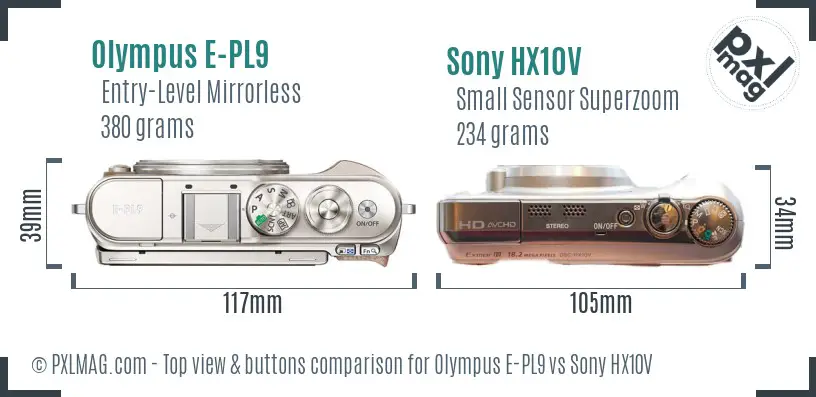 Olympus E-PL9 vs Sony HX10V top view buttons comparison