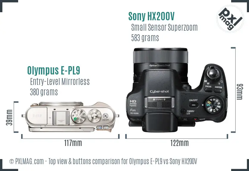 Olympus E-PL9 vs Sony HX200V top view buttons comparison