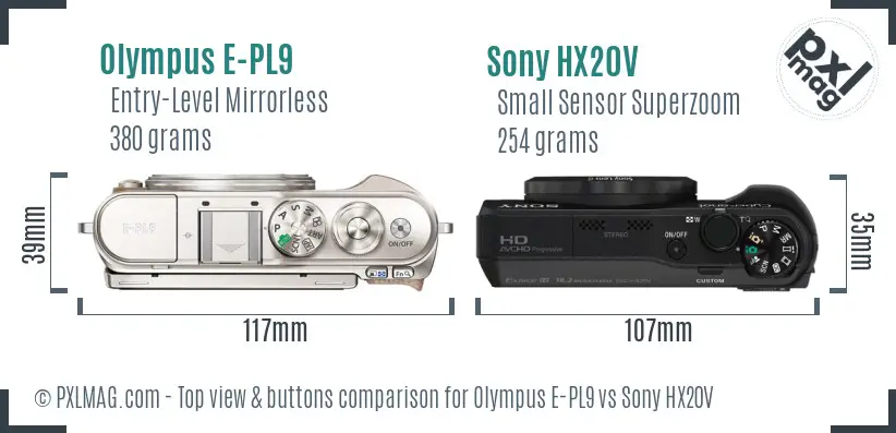 Olympus E-PL9 vs Sony HX20V top view buttons comparison