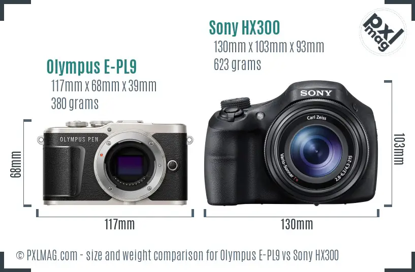 Olympus E-PL9 vs Sony HX300 size comparison